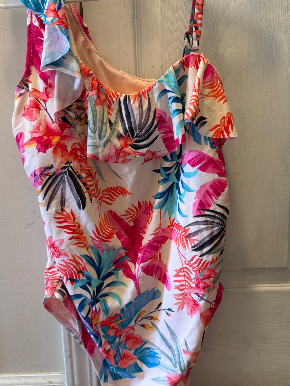 Cupshe Tropical Ruffle One-Shoulder Swimsuit - Pink, Blue & Coral